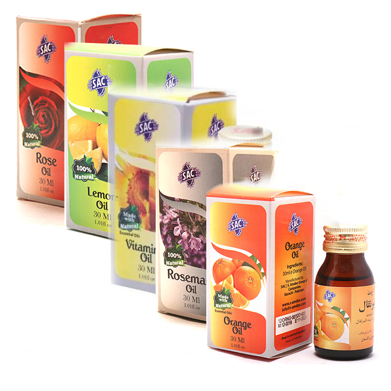 Pack Of 5 Best Skin Oils - 30ml each - Orange, Lemon, Rose, Rosemary, Vitamin E Oils